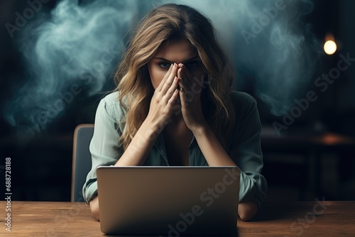 Jeune en pleine dépression chez elle sur son bureau photo