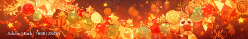 Christmas banner design - horizontal, festive in orange yellow and red anime style, illustration, shiny and lights