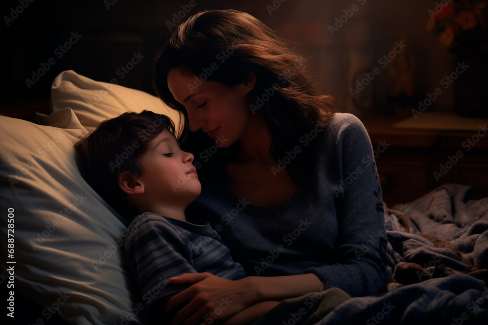 Mother lying down with her son on the bed Mother lying down with her son on the bed
