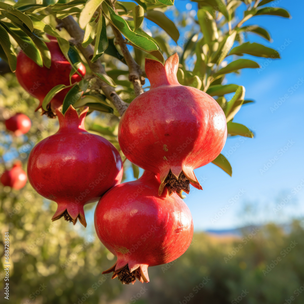 fresh red pomegranate on tree branch at farm fresh red pomegranate on tree branch at farm