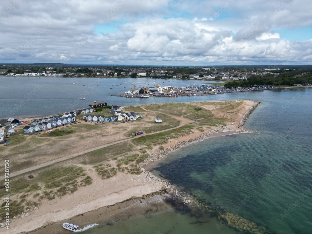 .Beach huts Mudeford Sandbank and Mudeford Quay  Christchurch UK drone,aerial