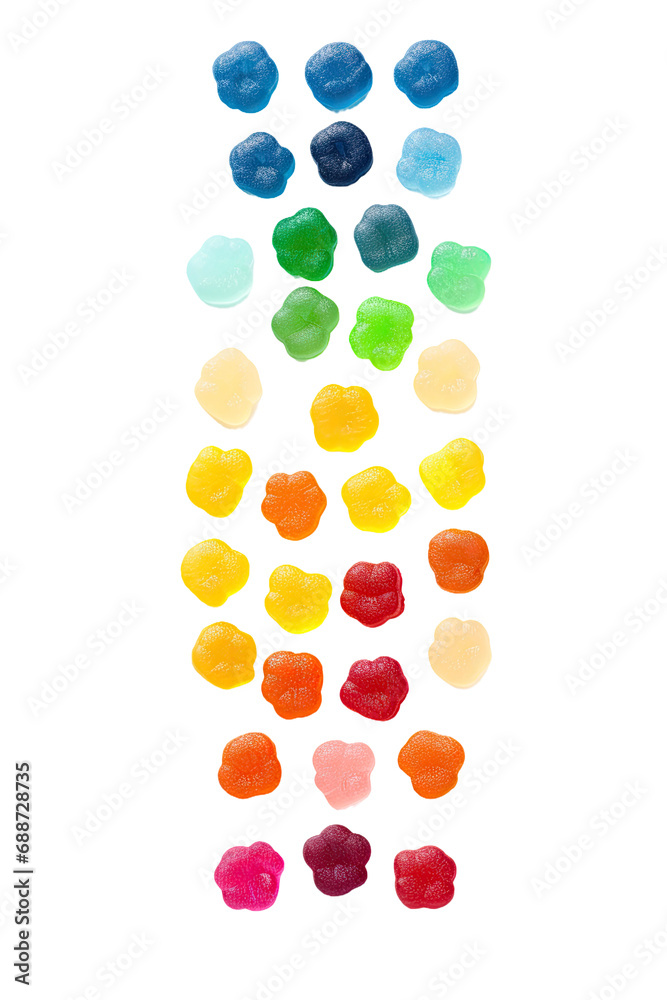 a collection of gumdrops arranged by color isolated on a transparent background, generative ai