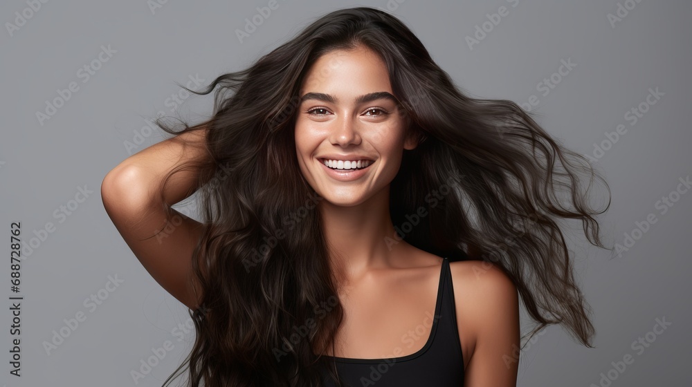 A woman in a happy state is straightening her hair in front view. A woman in a happy state is straightening her hair in front view.