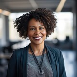 african american woman standing in a office, professional business photo, mockup photo for business related purposes, black female executive