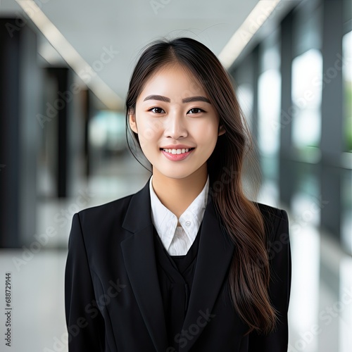 Asian Businesswoman in Modern Office, Business photo, Young Chinese Female, Business Casual, Mock-up, Portrait Photo, Long Hair, Smiling, Business executive