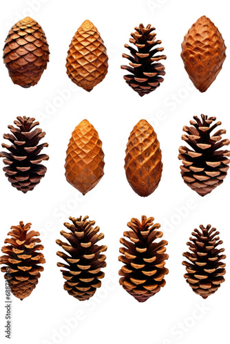 a collection of pinecones arranged separately isolated on a transparent background, generative ai