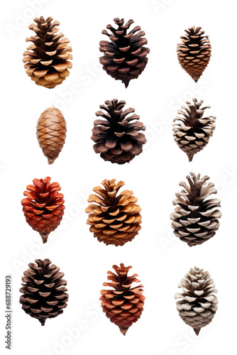 a collection of pinecones arranged separately isolated on a transparent background, generative ai