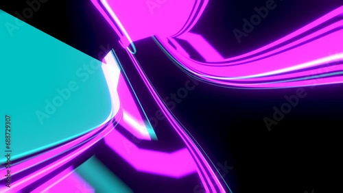 Futuristic loop animation. Pink, blue stripes and squares. Abstract pattern, infinty tube, futuristic corridor, flying, moving forward. photo