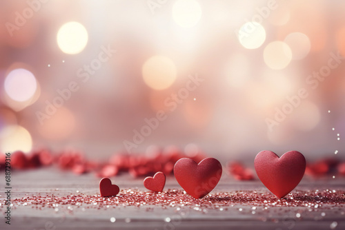 Close up of red hearts on wooden table.Valentine's Day background,ai generated