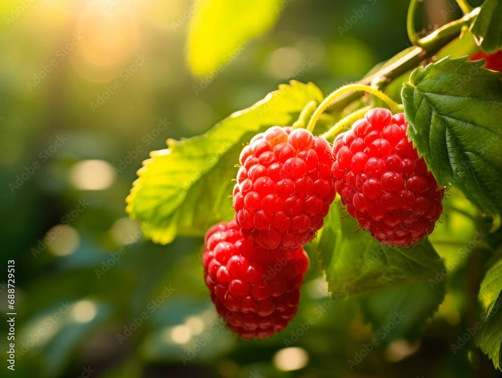 Fresh And juicy red raspberry on tree branch Fresh And juicy red raspberry on tree branch