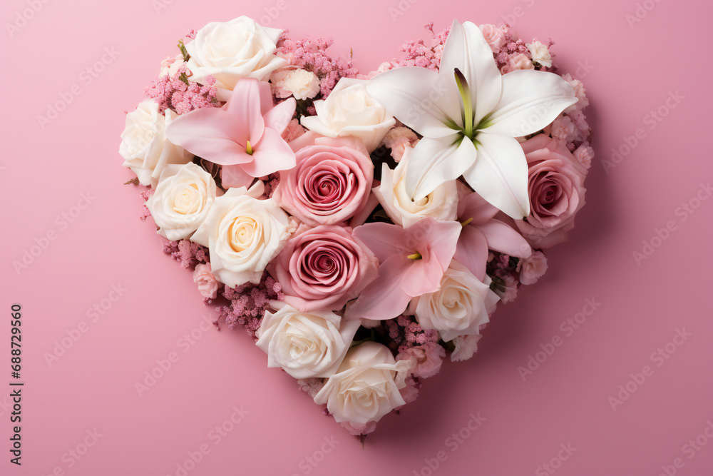 a heart - shaped arrangement of pink and white flowers on a pink background,ai generated
