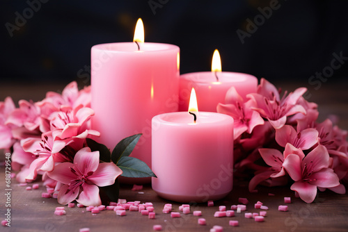 Pink flowers and lighted candles,ai generated