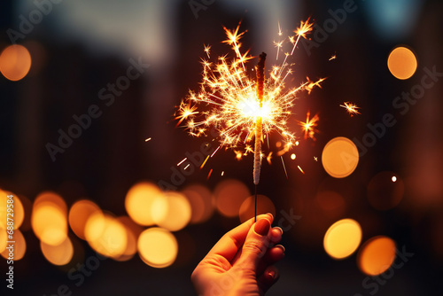 New year's sparkler at night in a woman's hand,ai generated