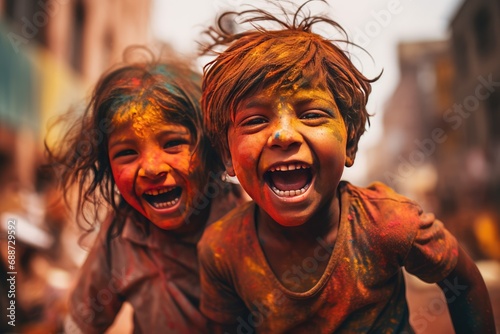 Youthful Holi Jubilation, Kids Delighting in Colorful Revelry © Ximena