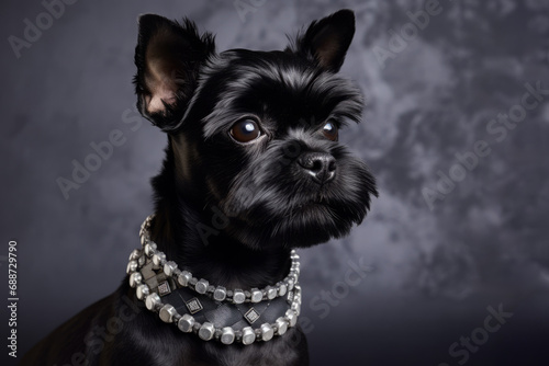 Nice puppy dog with black luxury jewelry collar necklace on black background photo