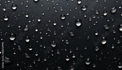 Top view water drops on black glass background. Rain droplets with light reflection on dark background