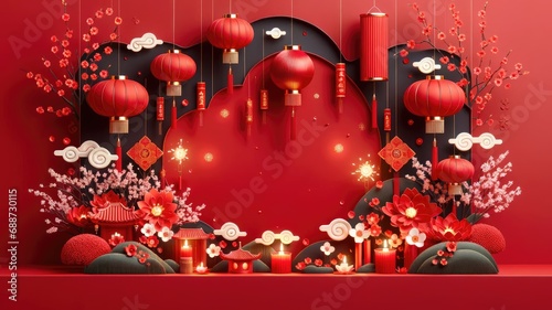 Chinese new year background. chinese new year themed decoration with Chinese lanterns  plum blossoms and auspicious clouds in 3d style with copy space.