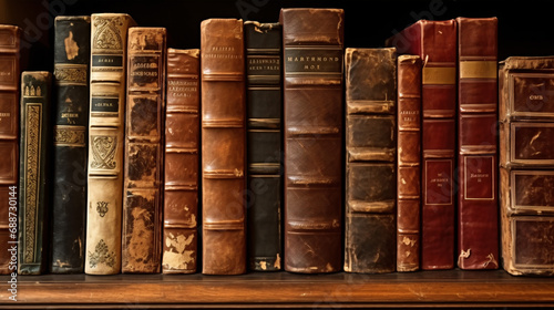 A plethora of aged tomes with scuffed leather bindings exhibits the allure of classic literature and wisdom.