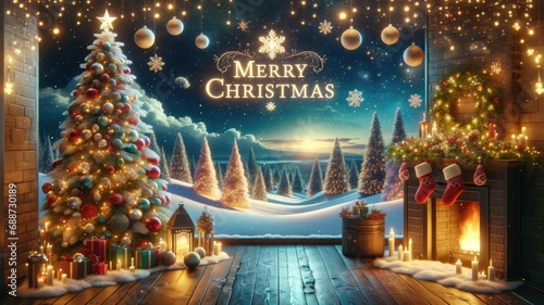 Merry Christmas background, Decorated with christmas tree and gift box, Winter christmas composition in 3d style decoration for Celebration.