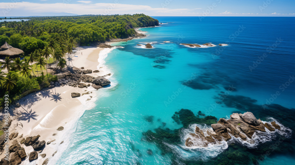 A bird's-eye perspective of a verdant shoreline with sparkling azure waves, fair sand, and striking coral reefs.