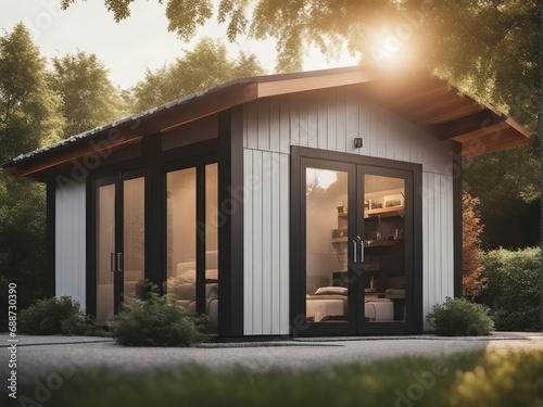 modern tiny shed design in a natural background, day light 

