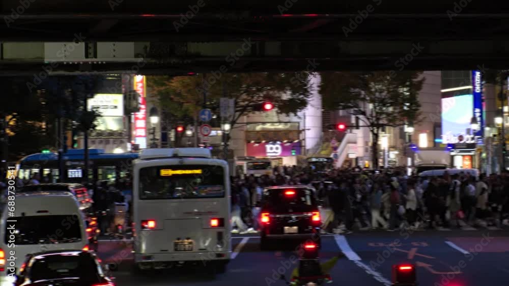 SHIBUYA, TOKYO, JAPAN -NOV 2023 : Time lapse shot of crowd of people walking and street traffic at night. Scenery of busy downtown city. Japanese people, nightlife, traffic and transportation concept. SHIBUYA, TOKYO, JAPAN -NOV 2023 : Time lapse shot of crowd of people walking and street traffic at night. Scenery of busy downtown city. Japanese people, nightlife, traffic and transportation concept.