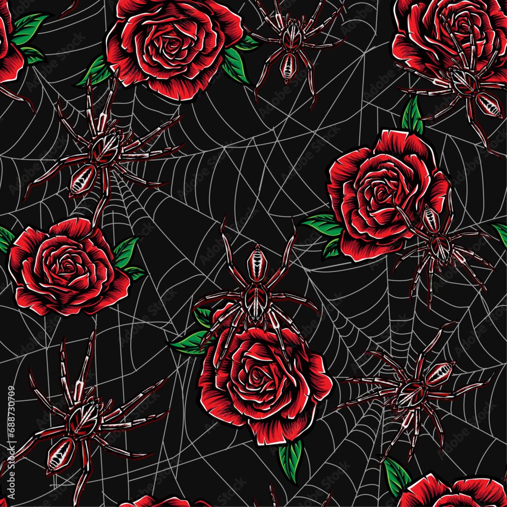 Spiders and red roses. Beautiful and gothic seamless pattern.