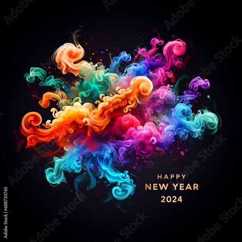 vibrant and colorful smoke forms the words "Happy New Year 2024"