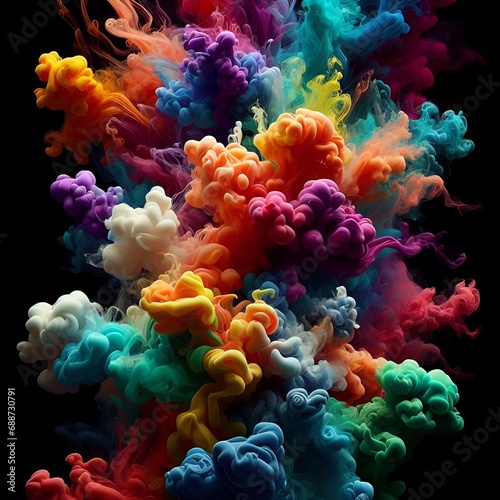 swirl of multicolored smoke takes center stage against a pitch-black backdrop.