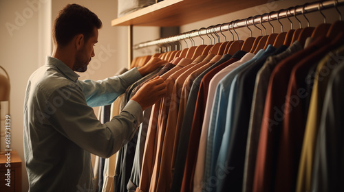 Man chooses an outfit on hangers with clothes at home or in a store. Shopping and sales in clothing stores. Close-up of male hands and clothes on a hanger. Fashion handsome guy. Generated AI