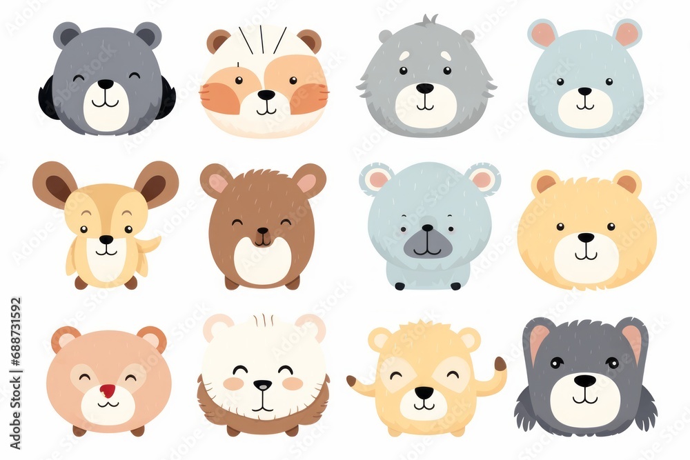 Funny cute bears and animals on a white background, illustration