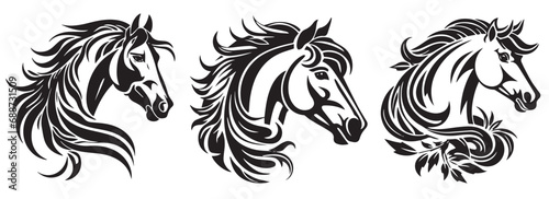 Set of horse heads, black and white vector graphics, pattern illustration outline silhouette