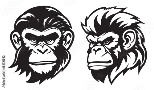 Monkey head, black and white vector graphics