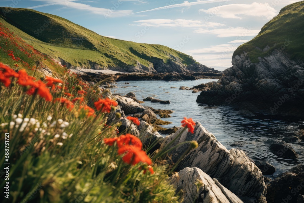 A beautiful bay with a rocky shore and wildflowers. - obrazy, fototapety, plakaty 