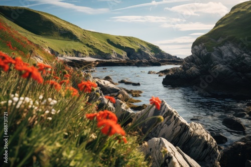 A beautiful bay with a rocky shore and wildflowers. photo