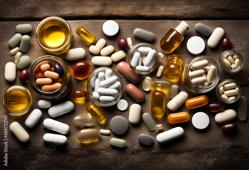 Nutritional supplements, pills, tablets and capsules in beautiful rustic composition from above. photo