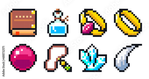 Set of pixel art icons for retro games. Resolution 16 x 16