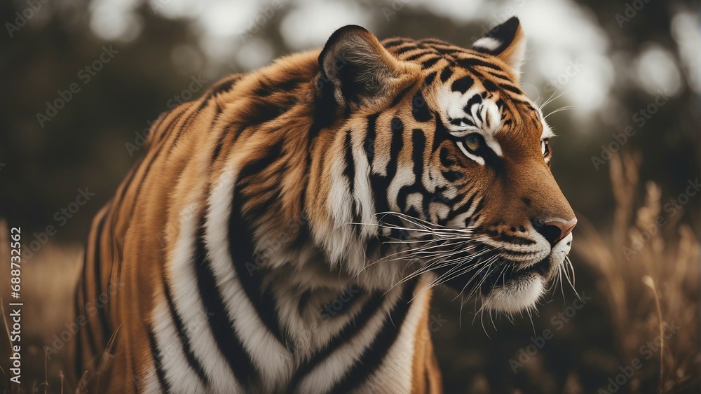Naklejka premium tiger looking towards the camera in the forest, sunset, sun at the back