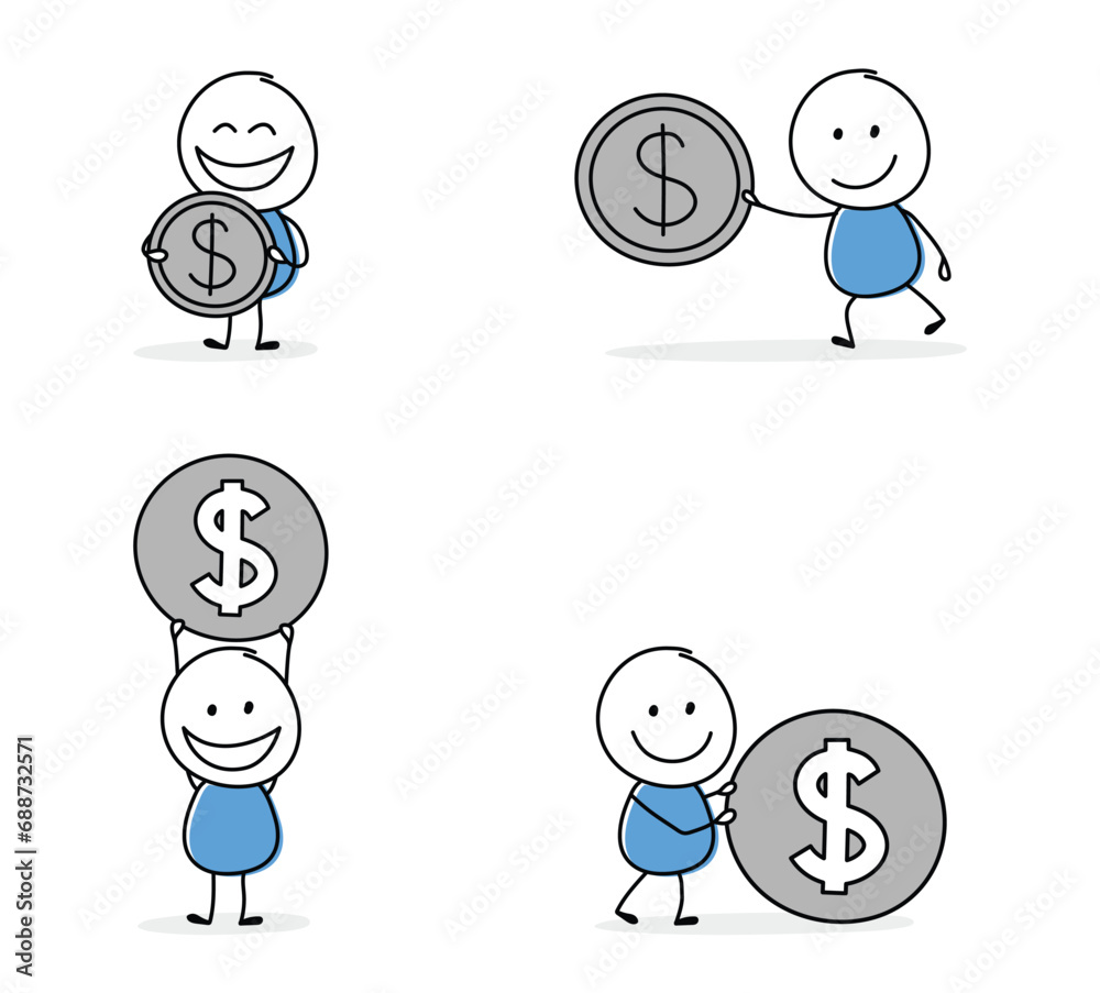 Collection of a happy stickman holding dollar - money sign. Cartoon style icons for a business presentation. Vector illustration Collection of a happy stickman holding dollar - money sign. Cartoon style icons for a business presentation. Vector illustration