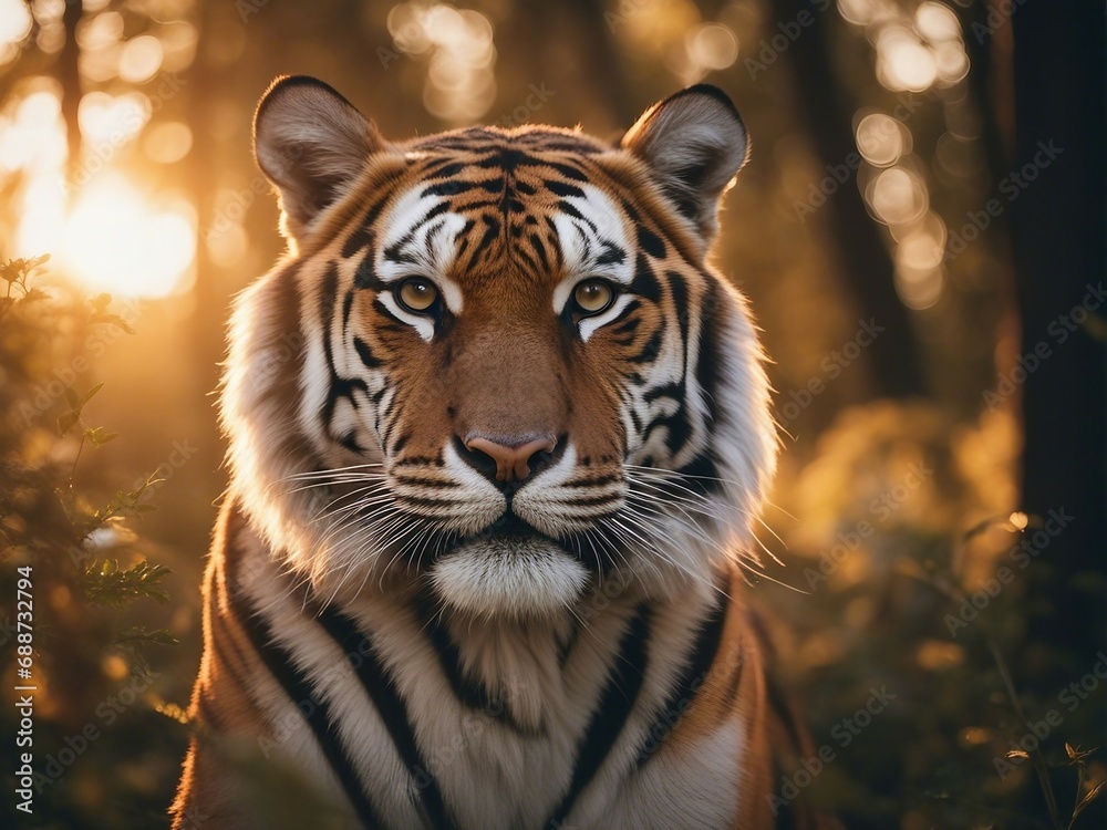 Obraz premium tiger looking towards the camera in the forest, sunset, sun at the back 