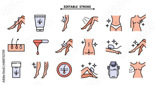 Waxing linear icons set. Female, male hair removal procedure. Cold, hot wax in jar with spatula