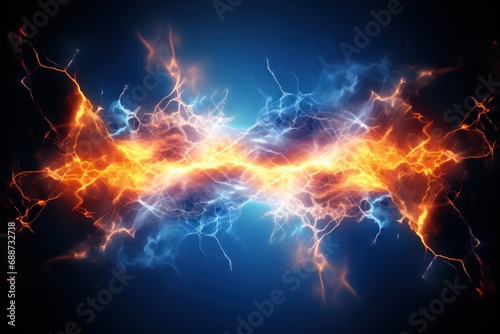 Real lightning charges powerful energy. Accumulation of orange and blue electrical charges natural phenomenon magic effect