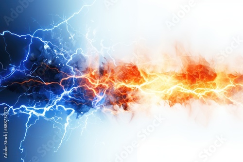 Real lightning charges powerful energy. Accumulation of orange and blue electrical charges natural phenomenon magic effect