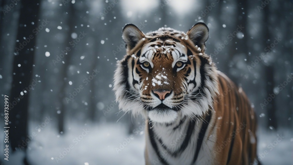 tiger looking towards the camera in the snowy weather in the forest, snowing, sun at the background

