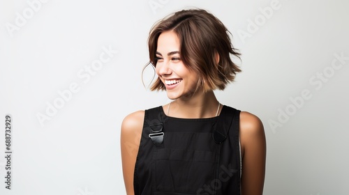 A young hairdresser in an apron with a hairbrush and scissors is standing over a white wall, looking forward and smiling.