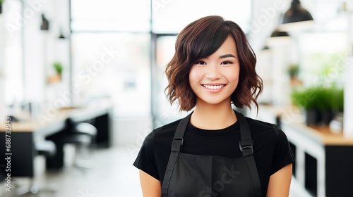 A young hairdresser in an apron with a hairbrush and scissors is standing over a white wall, looking forward and smiling. photo
