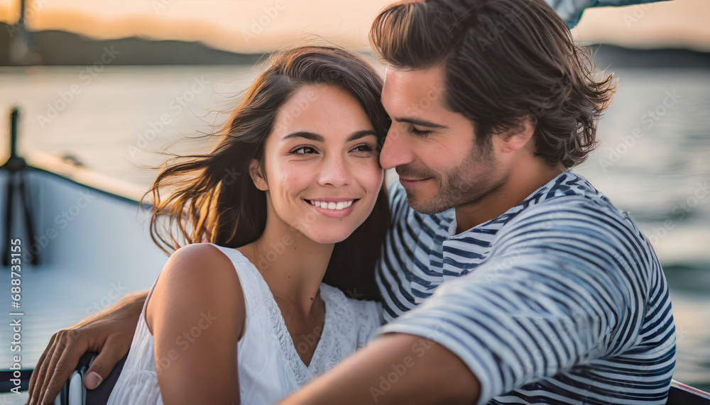 Fototapeta premium Romantic embrace: couple's love voyage on a yacht