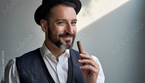 Joyful gentleman: a stylish hat and cigar elicit happiness