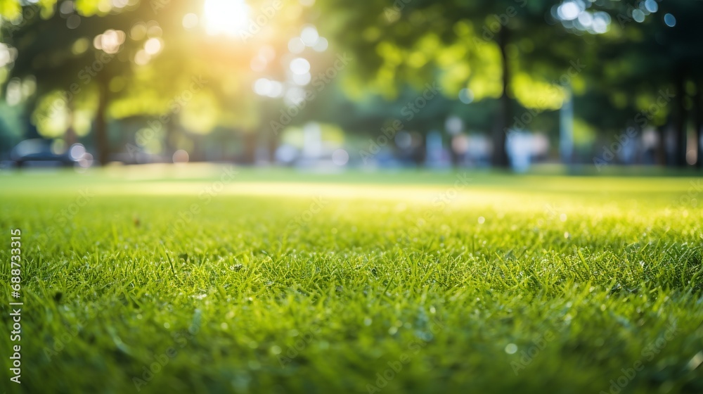 The city park's green lawn is illuminated by sunny light on a warm summer day.