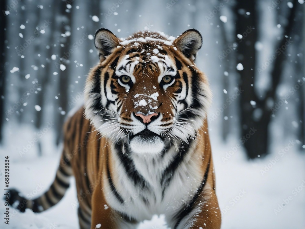 tiger running towards the camera in the snowy weather in the forest, snowing, sun at the background
